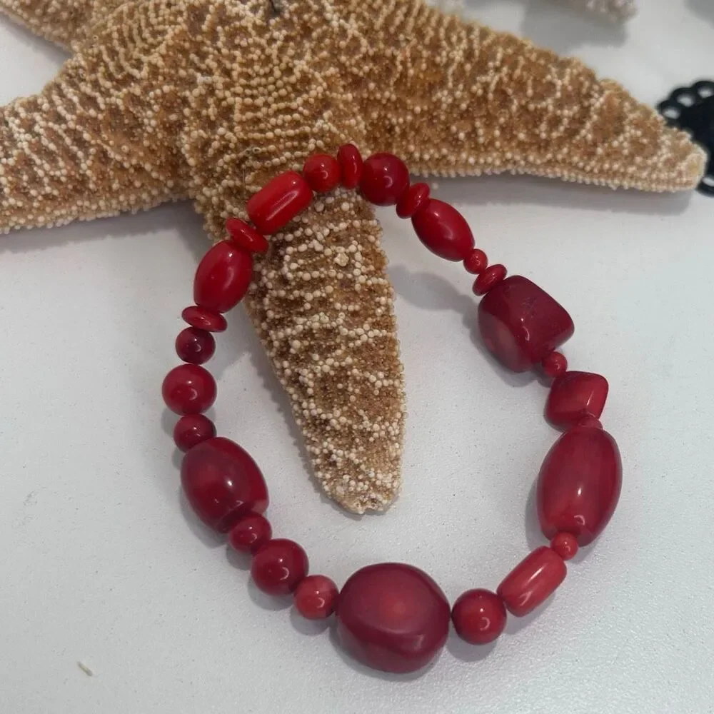 Vintage 70s Beaded Necklace Bracelet And Dangle Earrings Set Red Coral Beads